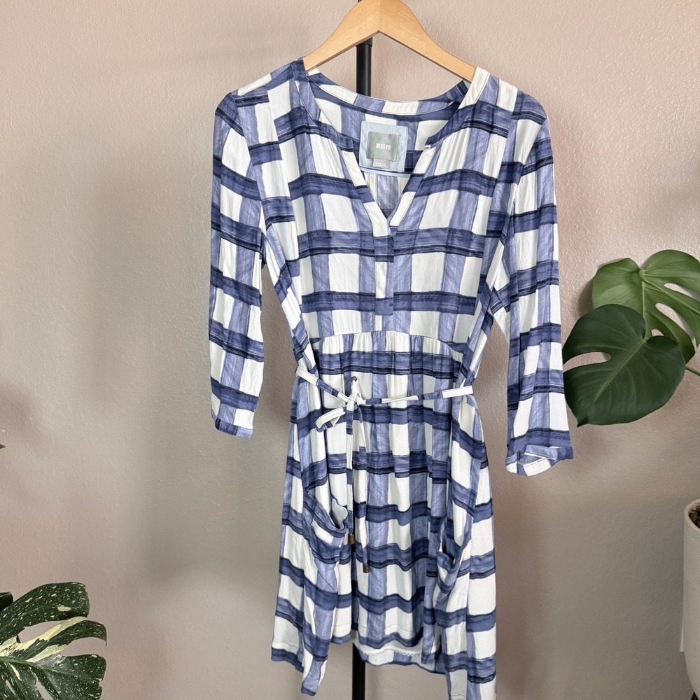 Maeve Anthropologie Devery Shirtdress Blue White Gigham Mini Dress Medium - Picture 3 of 8